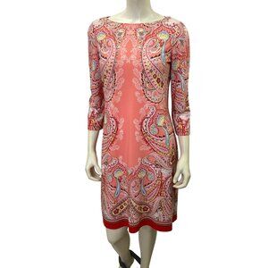 London Times Paisley Print 3/4 Sleeve Dress Size 8 Coral/Multi-Color Size 8